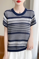 夏季新款天丝苎麻圆领提花短袖女宽松百搭显瘦时尚休闲上衣，女装针织衫/毛衣，暖娇绒