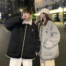 1港风情侣灯芯绒拼接连帽假两件小熊大码M-5XL棉衣8713P135控168，男装棉衣，星座226-2