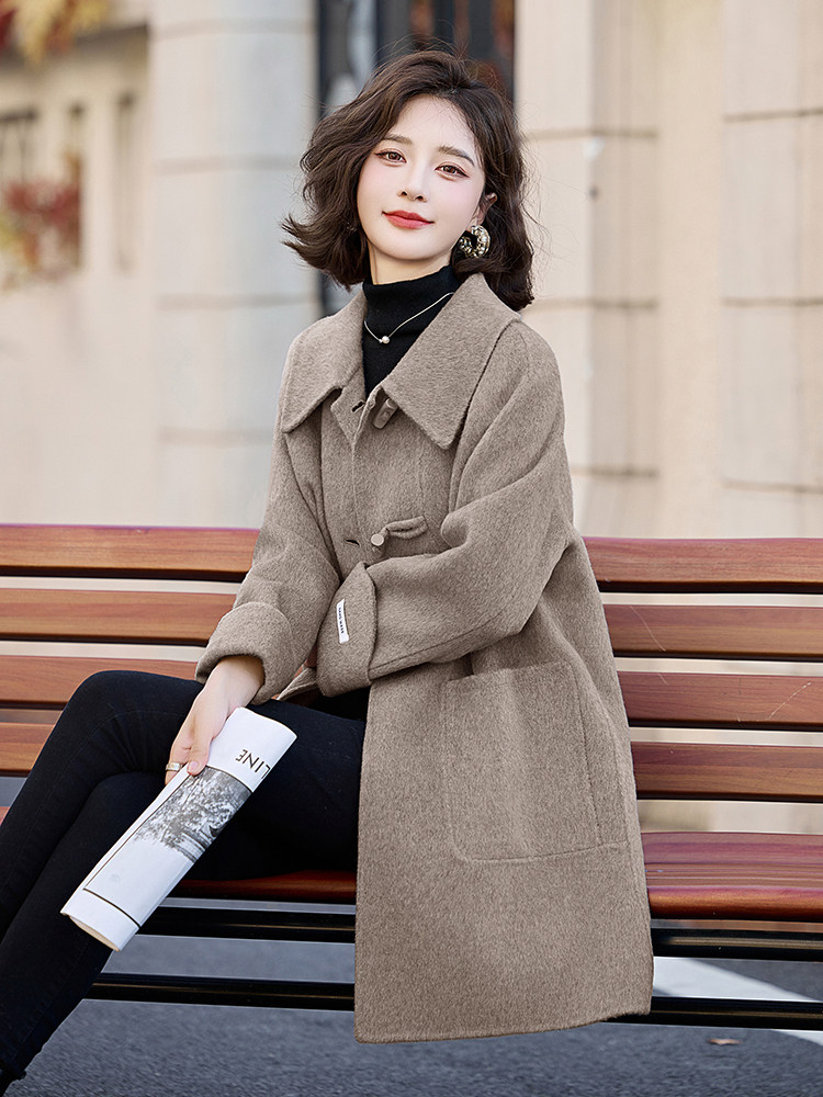 双面羊毛大衣女中长款2025冬季新款小个子高级感时尚连帽毛呢外套,女装双面呢大衣,琦鑫阁（原依鑫阁）