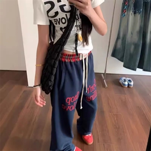 AK2493-P65 潮美式复古撞色格纹字母休闲裤男女潮牌宽松垂感裤图片