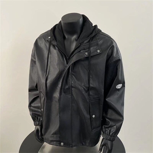 假两件连帽皮衣男士夹克春秋季哈雷机车骑行衣服外套 PY1018图片