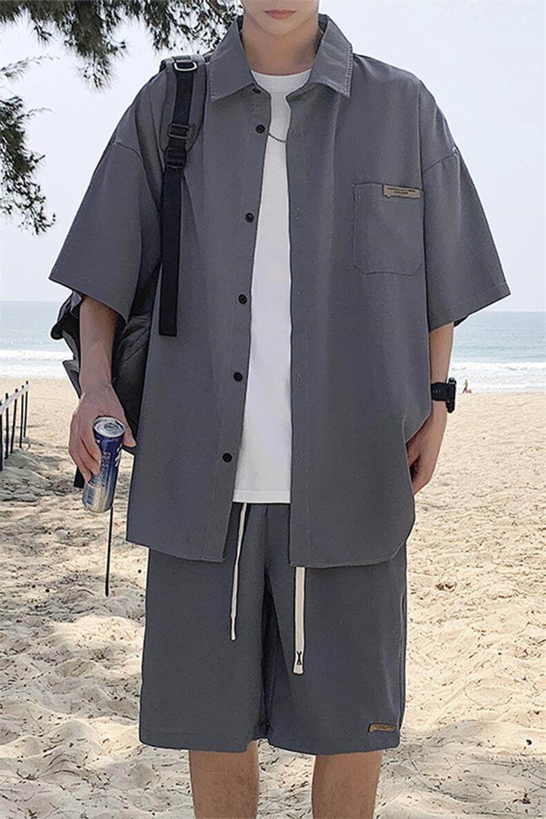 冰丝衬衫套装男夏季潮牌宽松垂感翻领短袖短裤痞帅凉感衬衣两件套,男装衬衫,电商A001