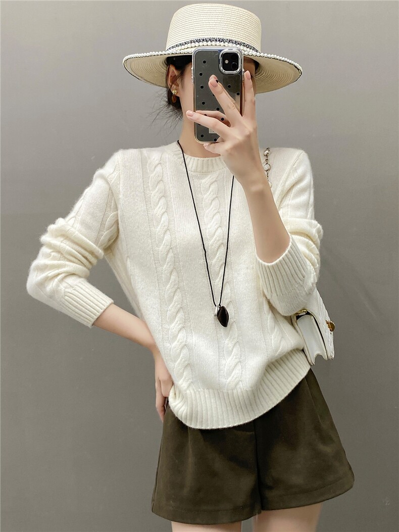 2025年秋季甜美长袖圆领羊绒衫，女装针织衫/毛衣，织绒羊