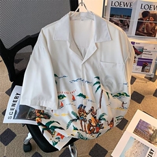 美式复古潮牌格纹翻领小众设计感夏季长袖休闲宽松衬衫男女潮，男装衬衫，星座1013