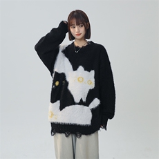 美式复古学院风猫猫趣味针织衫情侣毛衣XZ225-3-MY809-P80控98，男装针织衫/毛衣，星座225-3