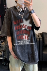 水洗做旧星星短袖t恤男夏季美式复古欧美高街潮牌hiphop重磅半袖，男装T恤，电商B371