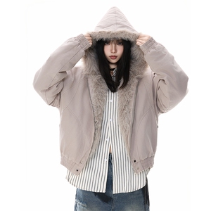 美式毛领座山雕连帽棉服女2025冬季新款短款夹克厚外套YD01-P140图片