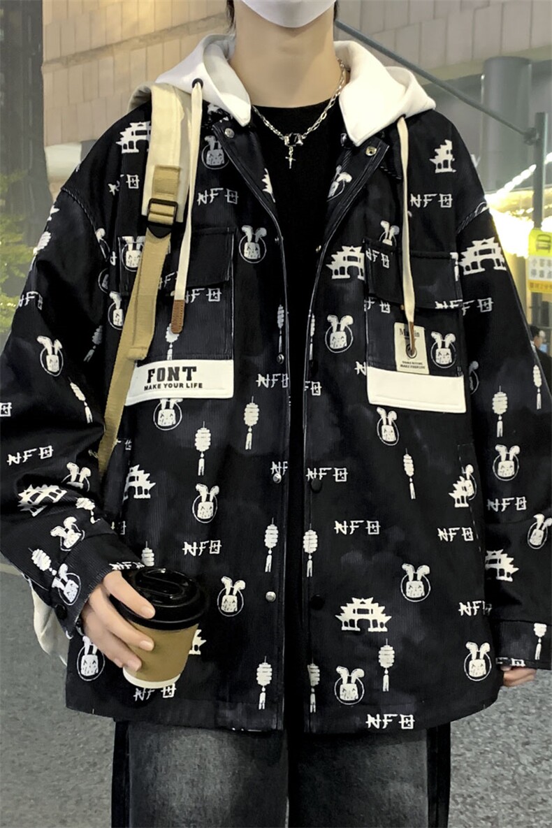 2024春秋款拼接假两件连帽夹克男潮牌印花工装A436-D1202-P73,男装夹克,电商A436