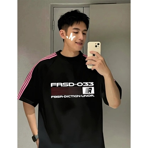 抖音得物品质二开240克宽松纯棉美式潮牌印花三条杠中性风短袖T恤图片