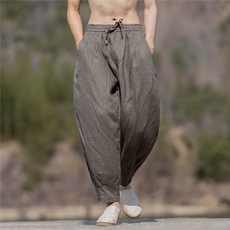 纯亚麻裤子男九分裤夏季薄款宽松脚口褶皱休闲裤k48，男装休闲裤，星座704A（原B229A）