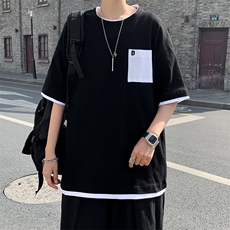 新款夏季宽松情侣胸前口袋日系t恤短袖男撞色假两件T121-P20，男装T恤，星座512-2