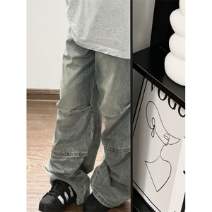 【有货】美式复古拼接牛仔裤男款宽松直筒设计感裤子N726LL-特P50图片