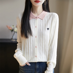 POLO领精纺羊毛开衫女拼色扭花蜜蜂刺绣针织毛衣宽松百搭外套上衣,针织甜美上衣怎么搭配图片