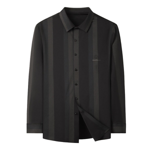春秋2023新款条纹男厚长袖时尚衬衫中年爸爸装翻领印花上衣图片