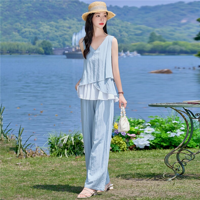 （新款现货）2026夏装时尚莱赛尔花苞假两件上衣阔腿裤套装两件套,女装套装/套裙,印象茜