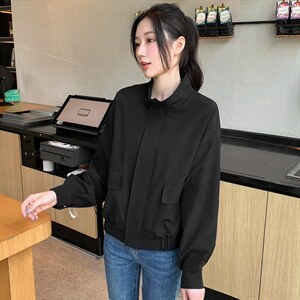 小个子纯色立领夹克拉链上衣女2022秋新款时尚百搭休闲通勤短外套,女装短外套,辉之琳