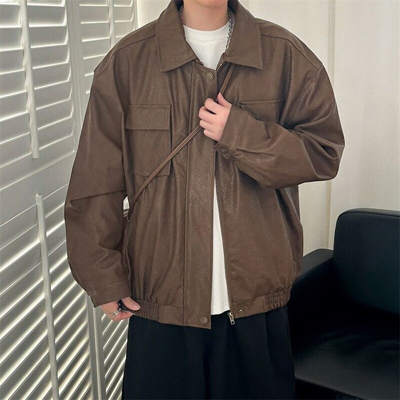 痞帅Pu皮衣小众设计感潮牌双拉链垫肩皮夹克男机车服秋冬高街外套,男装夹克,星座506A