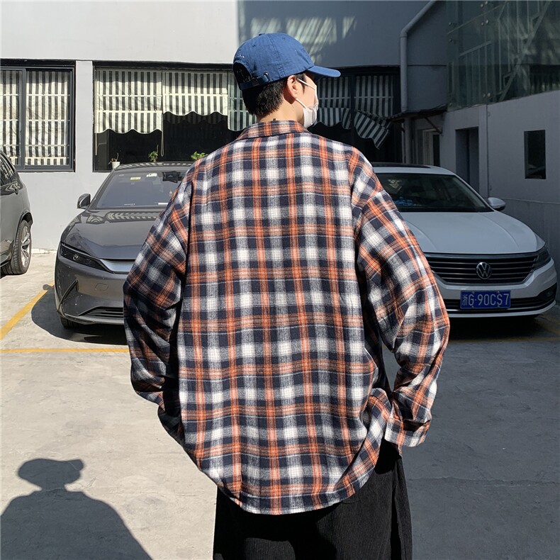 港风复古工装格子衬衫男秋冬季长袖潮宽松百搭衬衣休闲H216/P45,男装衬衫,钱塘713