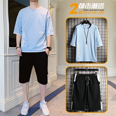 2021夏季新款男士纯棉短袖T恤短裤潮流衣服男装一套T8509-P50，男装套装，星座217-4