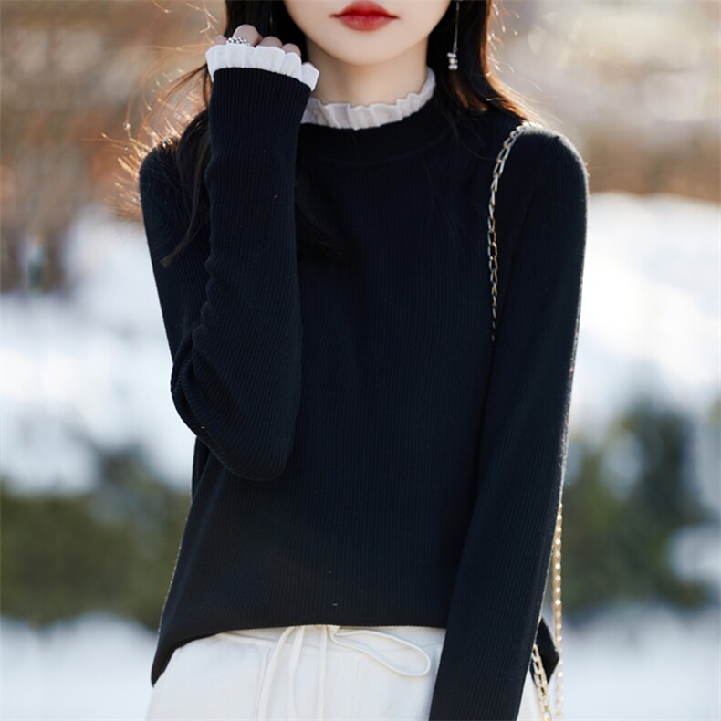 秋冬精纺羊毛衫女半高领蕾丝坑条长袖针织毛衣拼色宽松打底衫上衣，女装针织衫/毛衣，暖烁羊绒