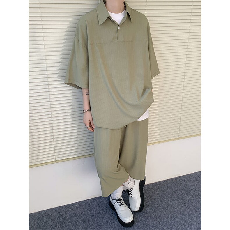 TZ778-特P55 控98 夏季冰丝七分裤短袖衬衫大码T恤套装图片