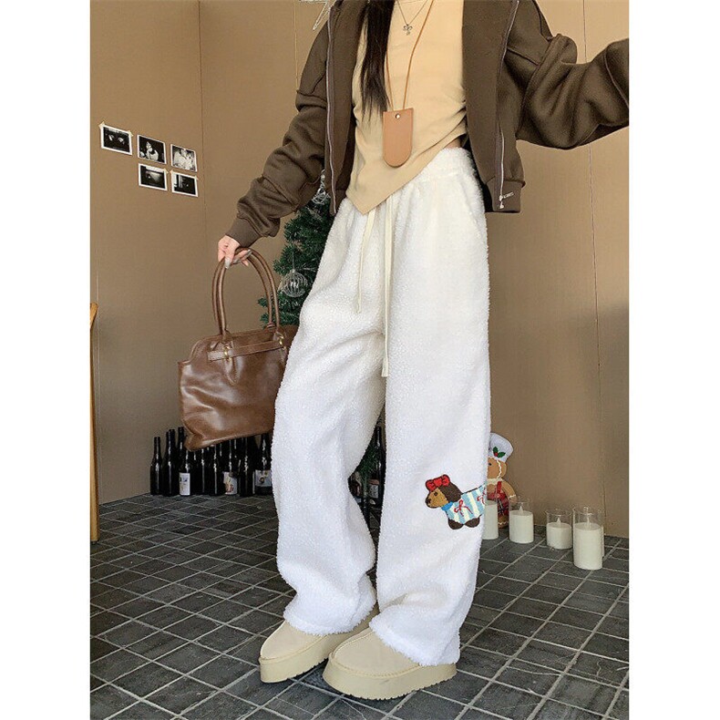 小狗刺绣羊羔毛棉裤男女情侣冬季加厚保暖防寒宽松百搭休闲长裤子,男装休闲裤,星座506A