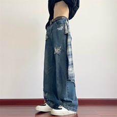 美式星星贴布侧边拉链牛仔裤男春夏季设计感高腰宽松阔腿直筒裤子，男装牛仔裤，星座601-1