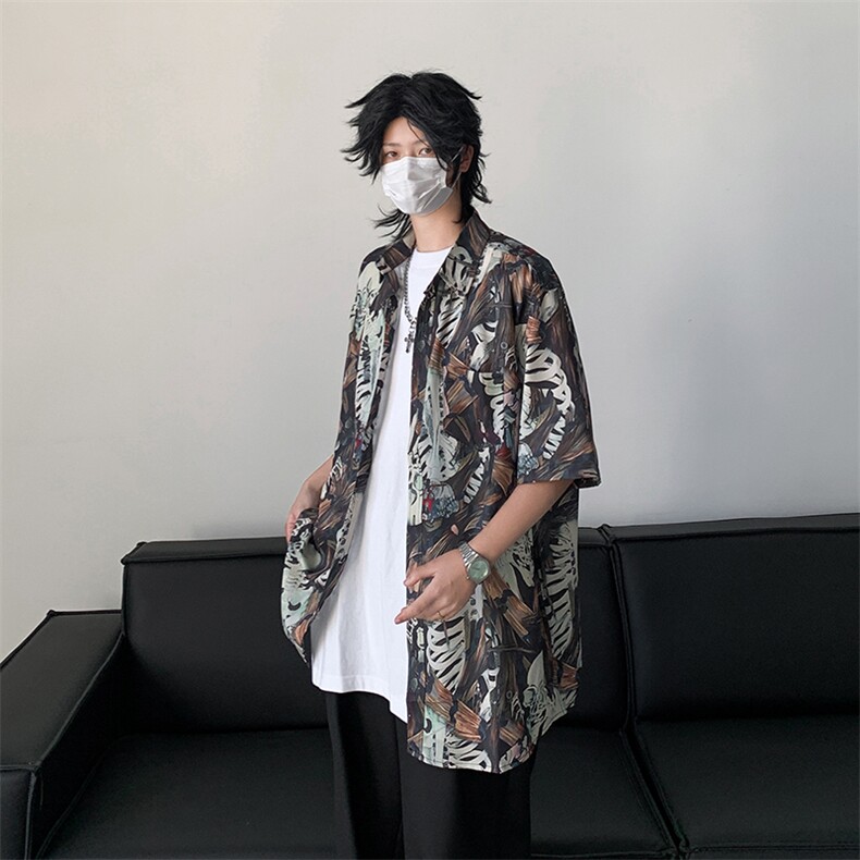 夏季新款花衬衫男短袖冰丝薄款宽松休闲潮流百搭上衣,男装衬衫,星座410-7