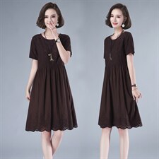 纯棉连衣裙女士2021夏装新款套头a字裙韩版圆领中长款中高腰裙子，女装连衣裙，伊满意