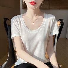 U领新款针织女短袖纯色简约百搭宽松套头，女装针织衫/毛衣，绒宛羊绒
