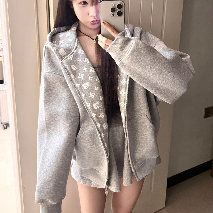 美式重磅空气层拉链开衫连帽卫衣外套男女宽松廓形休闲上衣,女装短外套,星座218-8