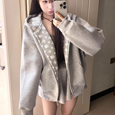 美式重磅空气层拉链开衫连帽卫衣外套男女宽松廓形休闲上衣，女装短外套，星座218-8