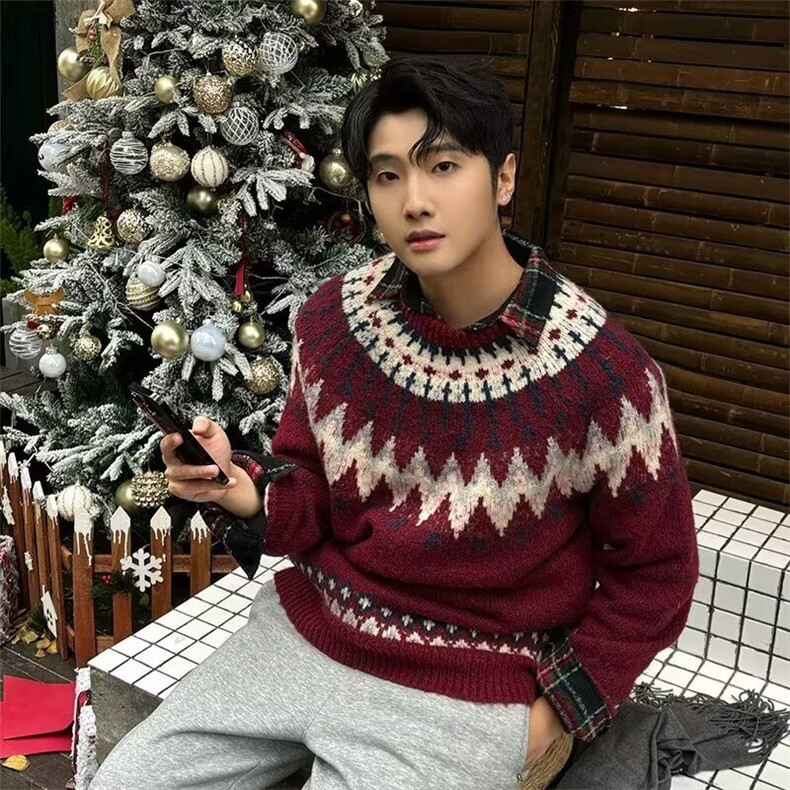 工装美式复古重磅冰岛毛衣男圆领费尔岛提花慵懒风针织衫秋冬M521，男装针织衫/毛衣，星座601-1
