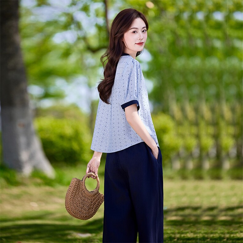 时尚休闲气质衬衫套装女2025夏新款宽松减龄显瘦亚麻阔腿裤两件套图片