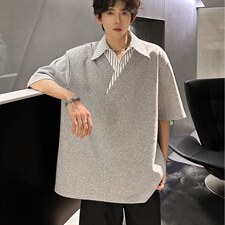 美式假两件正肩POLO衫男款夏季设计感翻领条纹衬衫领拼接短袖T恤，男装T恤，星座715-4