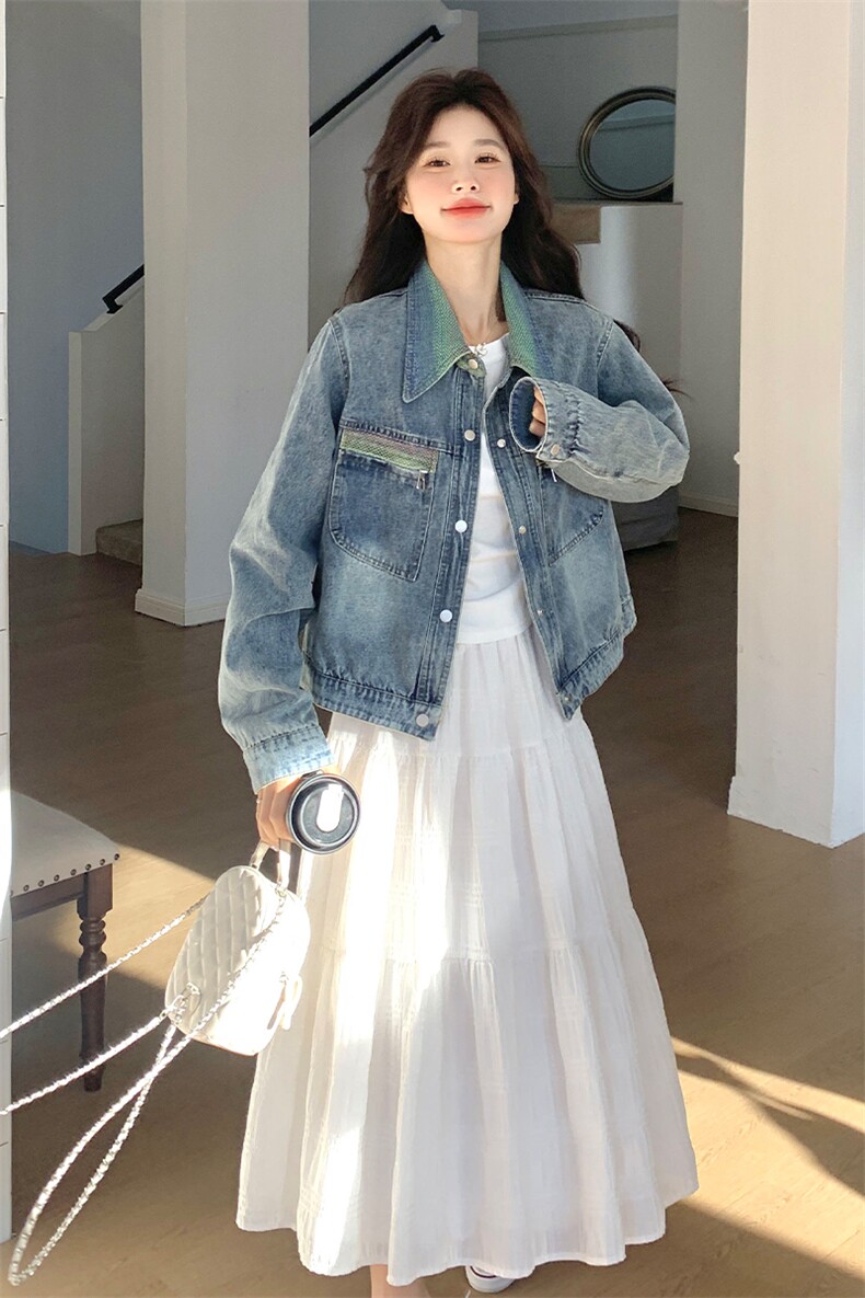 韩版复古渐变色翻领牛仔外套女2025年春秋季新款显瘦流行夹克上衣,女装短外套,2C269
