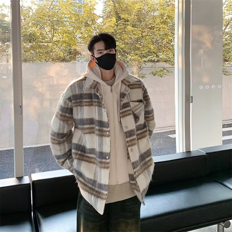 棉服潮牌连帽美式加厚复古格子宽松型时尚潮流ins翻领简约常规,男装棉衣,星座218-1（原230）