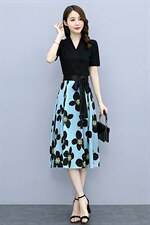 2022夏季新款简约时尚优雅气质V领个性蝴蝶结系带装饰两件套裙，女装套装/套裙，岚衣(原川流布茜）