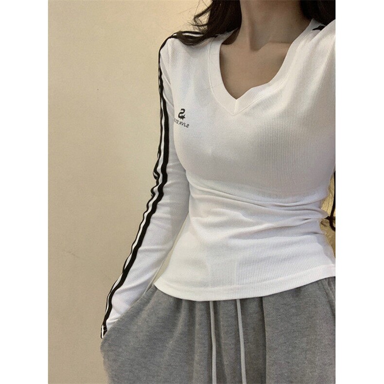 EE046-P50螺纹210克长袖t恤春秋薄款收腰条纹修身打底衫V领上衣,男装T恤,星座911-3