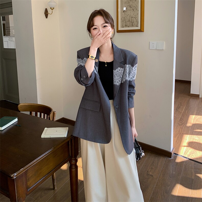 灰色休闲西装套装裙女小个子蕾丝拼接2025春季新款韩系减龄百褶裙,女装西装,秋水欣儿