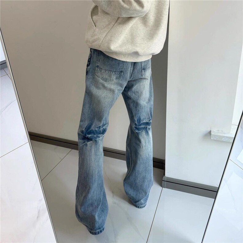 水洗蓝闪电裂纹牛仔裤男款cleanfit美式高街直筒微喇弯刀裤长裤子,男装牛仔裤,星座601-1