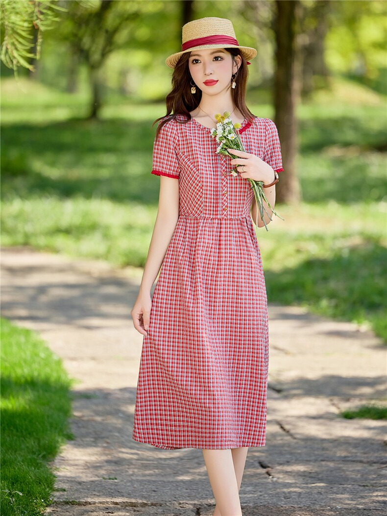 淑女风格纹连衣裙女春夏收腰显瘦中长裙格子裙子,女装连衣裙,水衣源