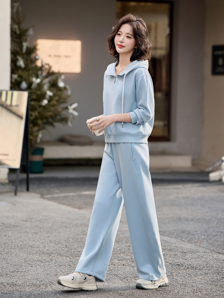 蓝色套装连帽卫衣女春装新款时尚潮流两件套直筒修身宽松休闲裤子,女装卫衣/绒衫,梦懿尔