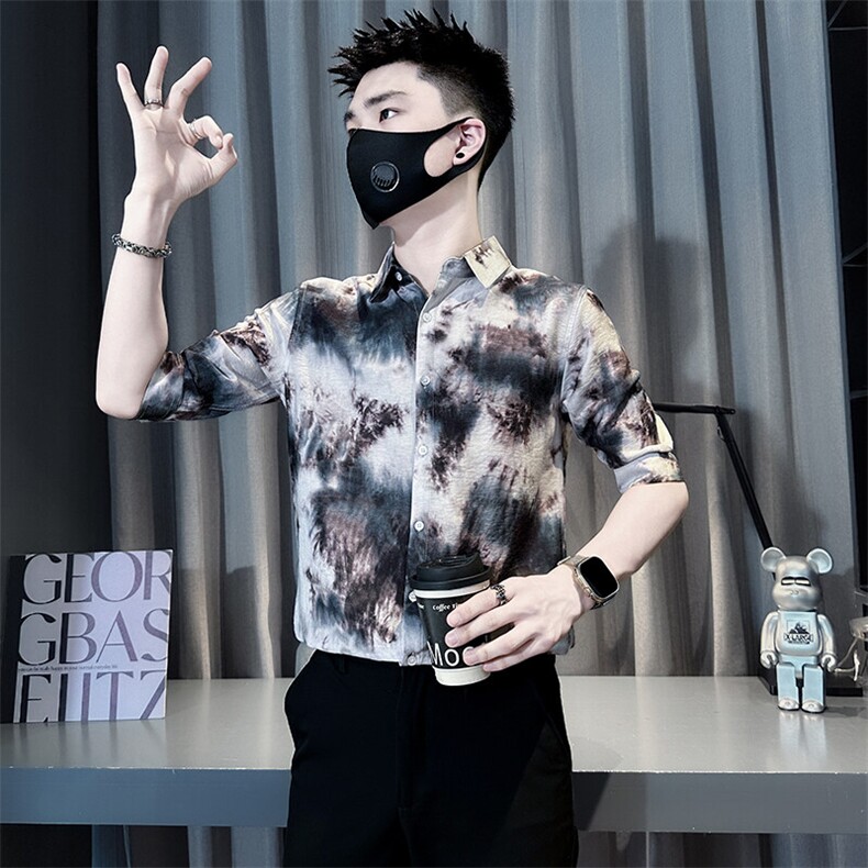 扎染印花男士七分袖衬衫修身潮流社会小伙301C-CS13-P58控78,男装衬衫,星座301C（原B323）