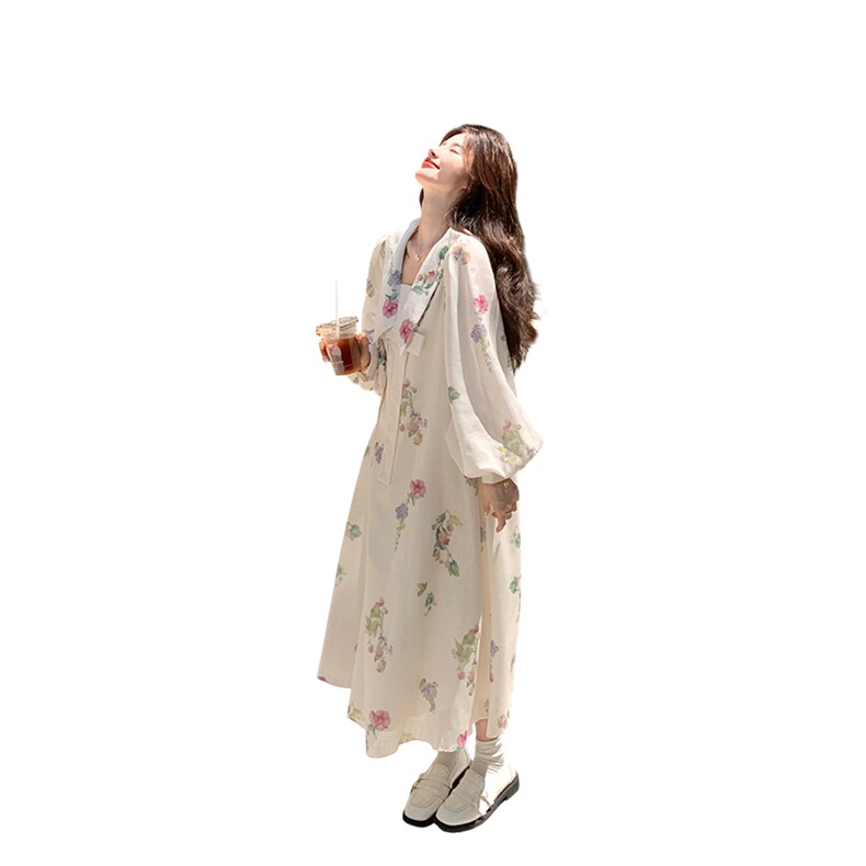 森系文艺风娃娃领白色碎花连衣裙女春秋超火好看氛围独特漂亮长裙,女装连衣裙,2C007