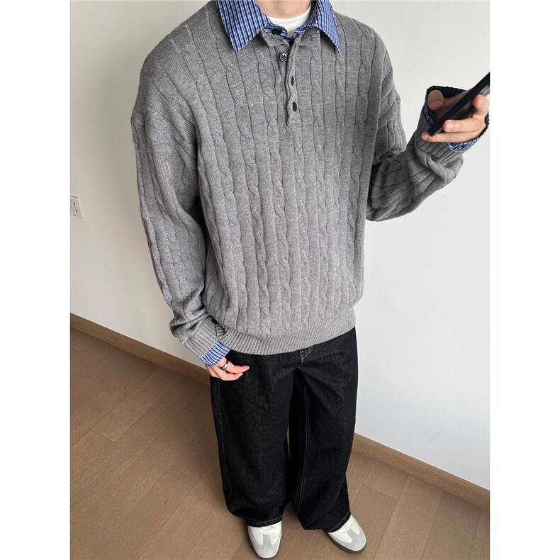 美式假两件拼接麻花针织毛衣男cleanfit宽松老钱风百搭上衣,男装针织衫/毛衣,星座410-7