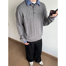 美式假两件拼接麻花针织毛衣男cleanfit宽松老钱风百搭上衣，男装针织衫/毛衣，星座410-7