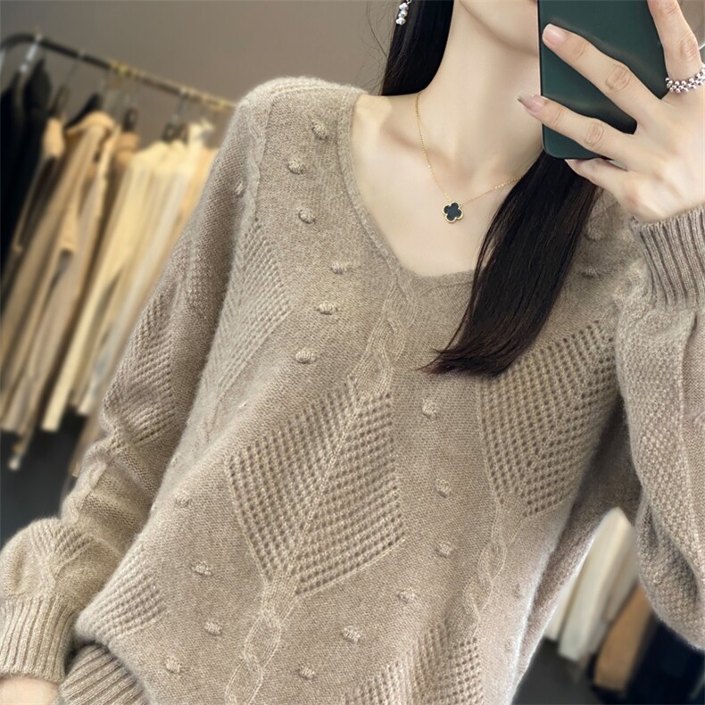 25新款100%纯羊毛衫女V领镂空提花宽松针织衫显瘦羊绒衫打底毛衣,女装羊毛衫,迅太羊绒