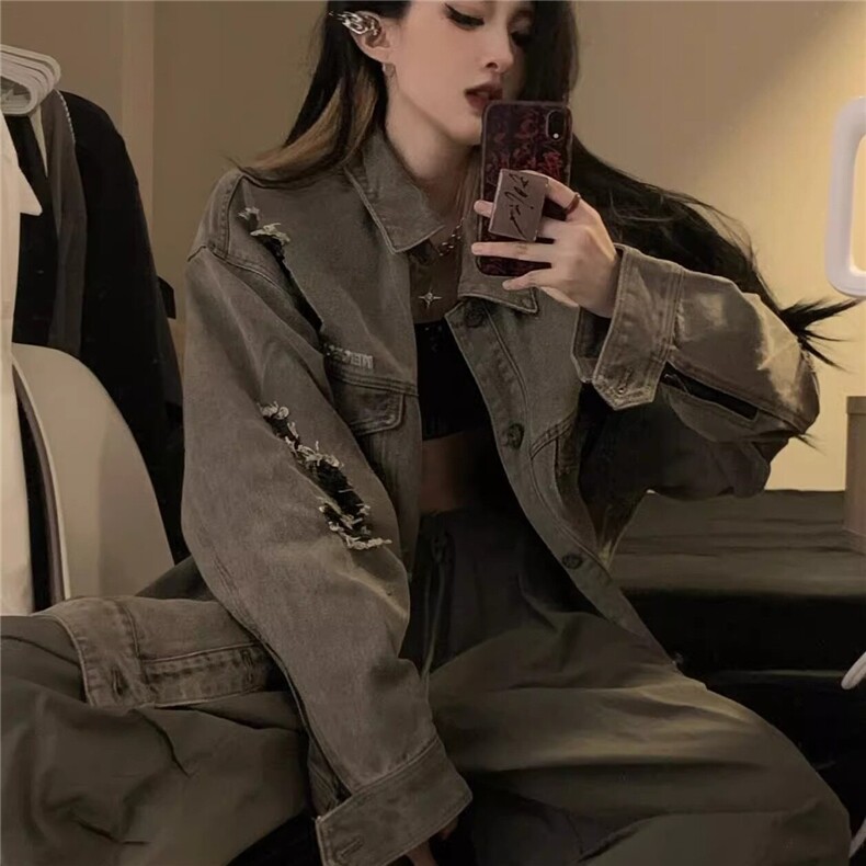 DJK8917-P75抖音质量破洞牛仔外套男女春秋季潮牌夹克潮-网图现货图片