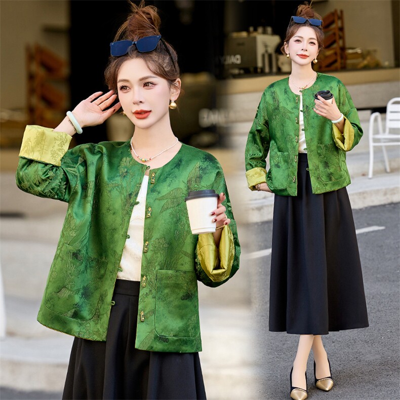 高级感绿色新中式国风提花短外套女2025春秋新款显瘦圆领休闲上衣，女装短外套，艾仟回(原伊仟回)